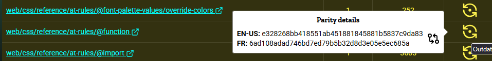 Page en retard concernant la règle @ en CSS nommée function, son bandeau d'état est marqué par la couleur jaune et un icône de commit qui demande une actualisation