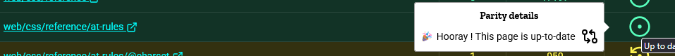 Page à jour concernant la liste des règles @ en CSS, son bandeau d'état est marqué par la couleur verte et un icône de commit plein